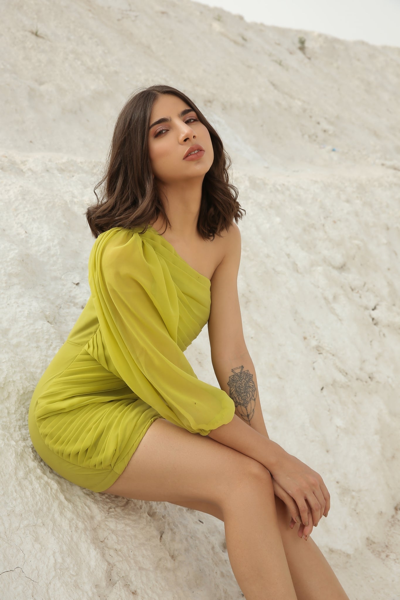 Lime Asymmetric Pleated Mini Dress