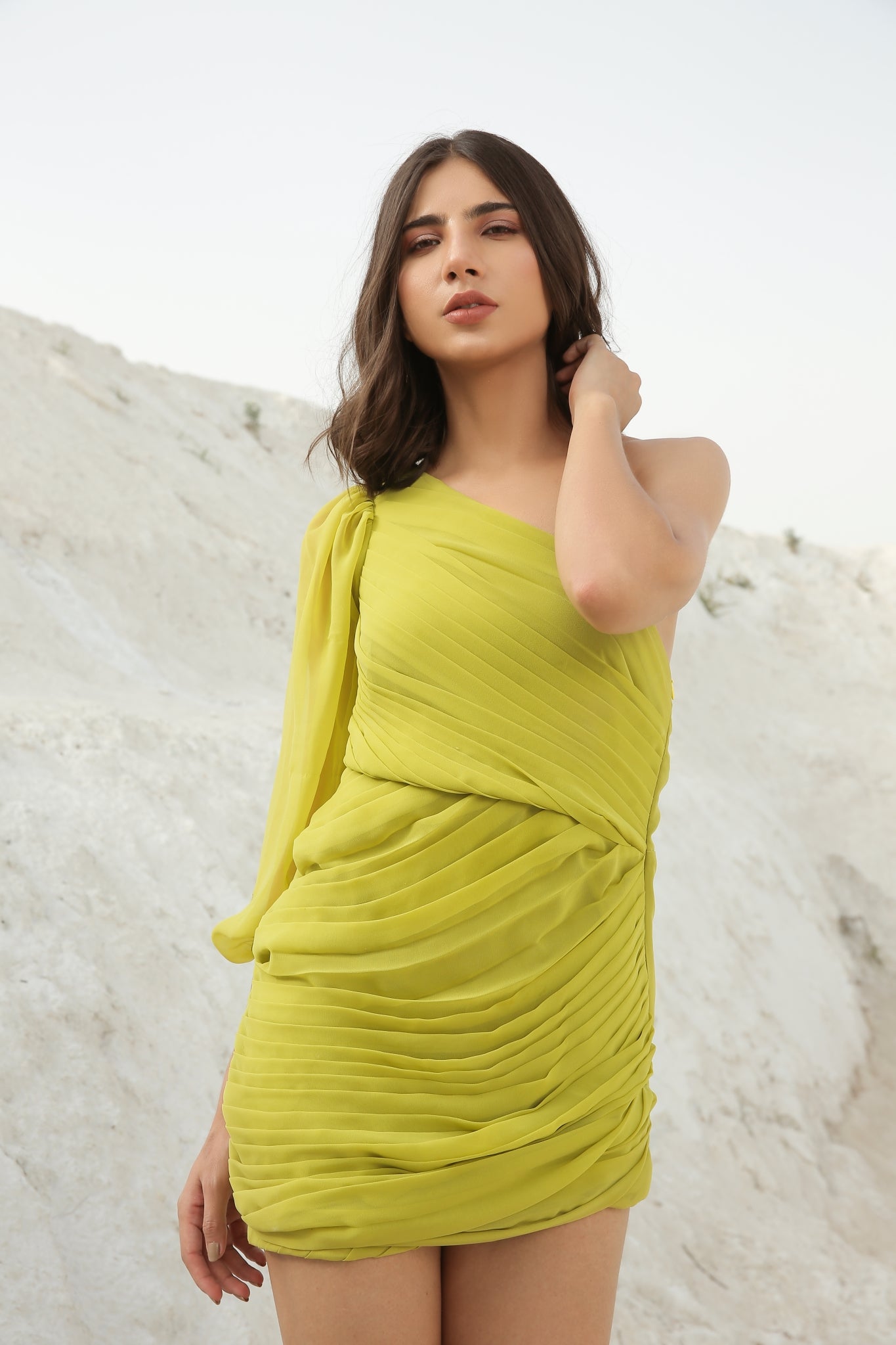 Lime Asymmetric Pleated Mini Dress