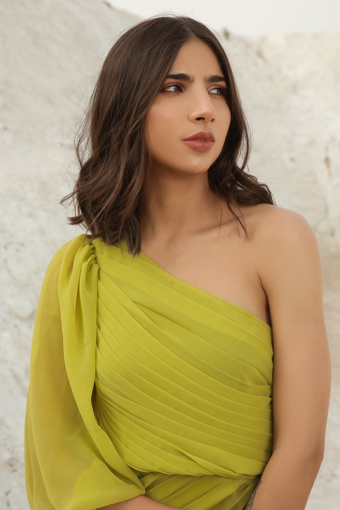 Lime Asymmetric Pleated Mini Dress