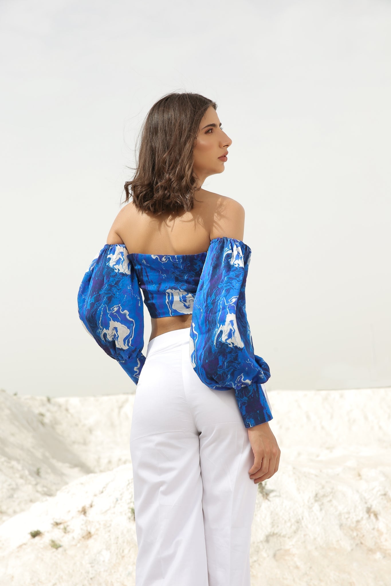 Blue Fluid Art Printed Off Shoulder Top and White Pants