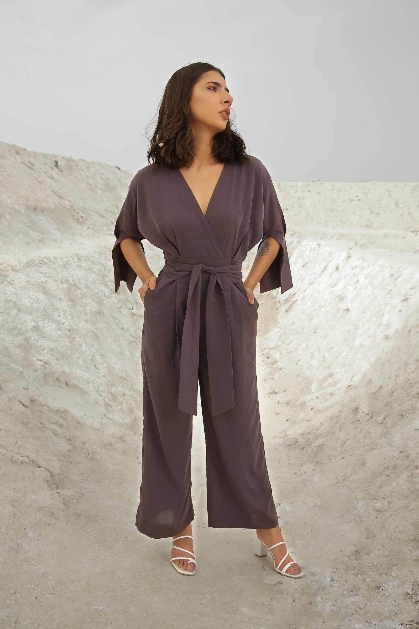 Pale Amethyst Color Overlap Belted Jumpsuit