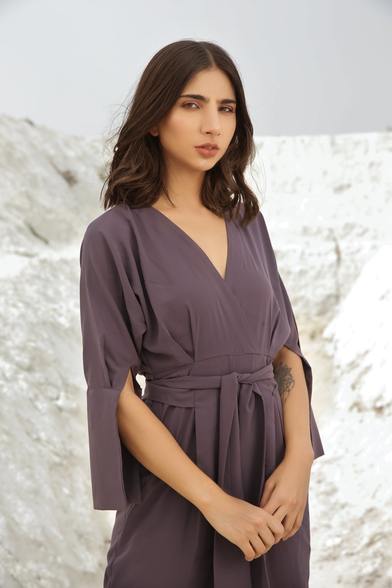 Pale Amethyst Color Overlap Belted Jumpsuit