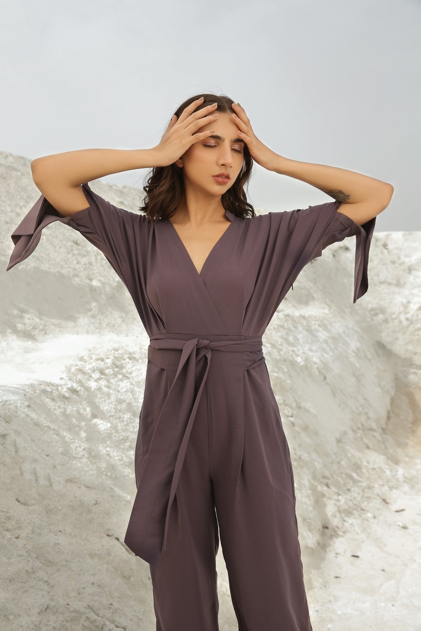 Pale Amethyst Color Overlap Belted Jumpsuit