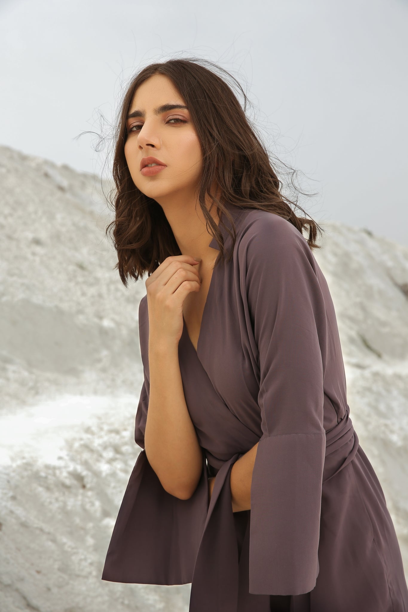 Pale Amethyst Color Overlap Belted Jumpsuit