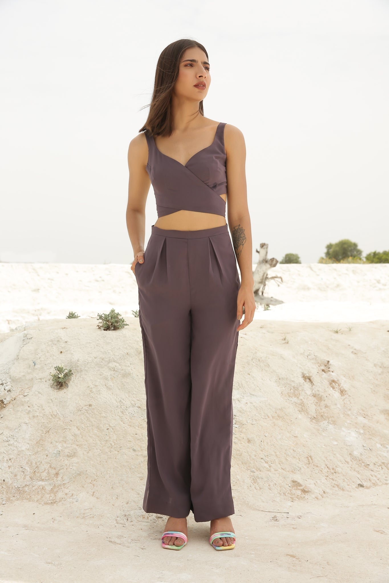 Pale Amethyst Color Overlap Crop Top and Pants