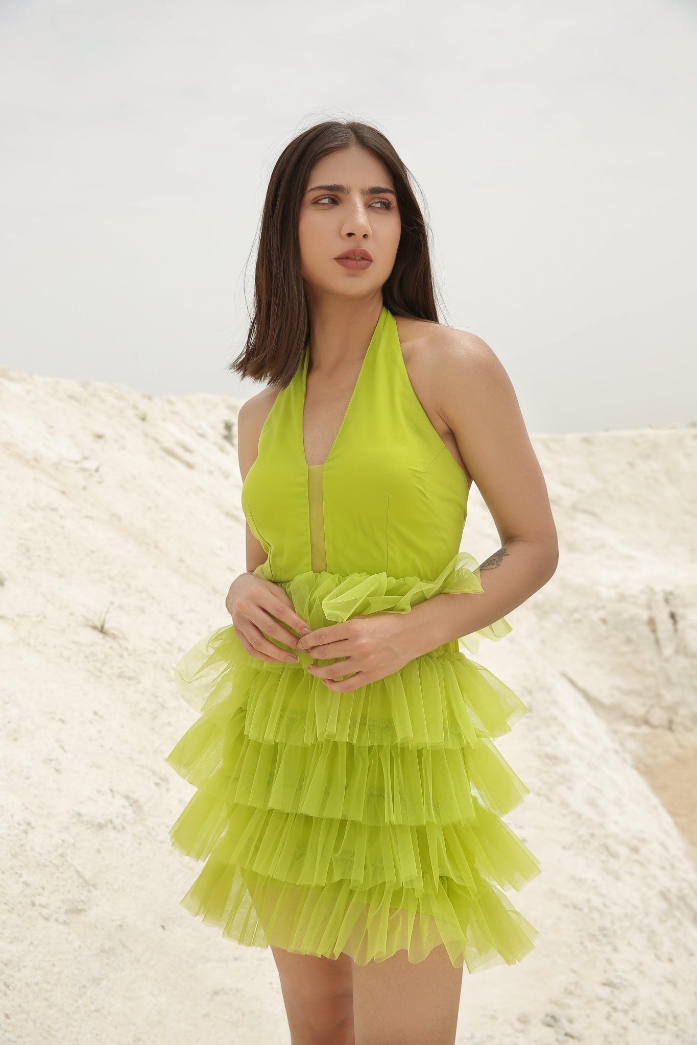 Lime Green Halter Neck Layered Mini Dress