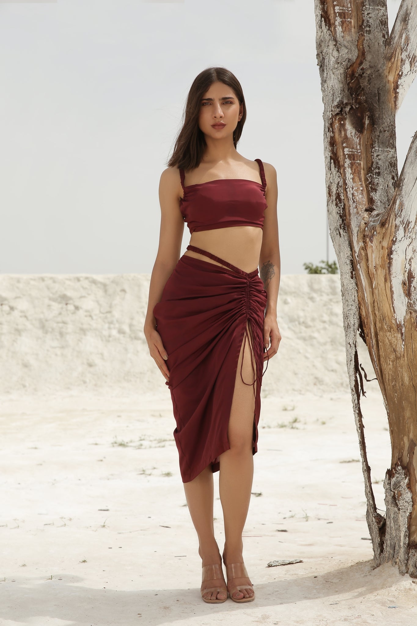 Burgundy Elasticated Crop Top and Skirt