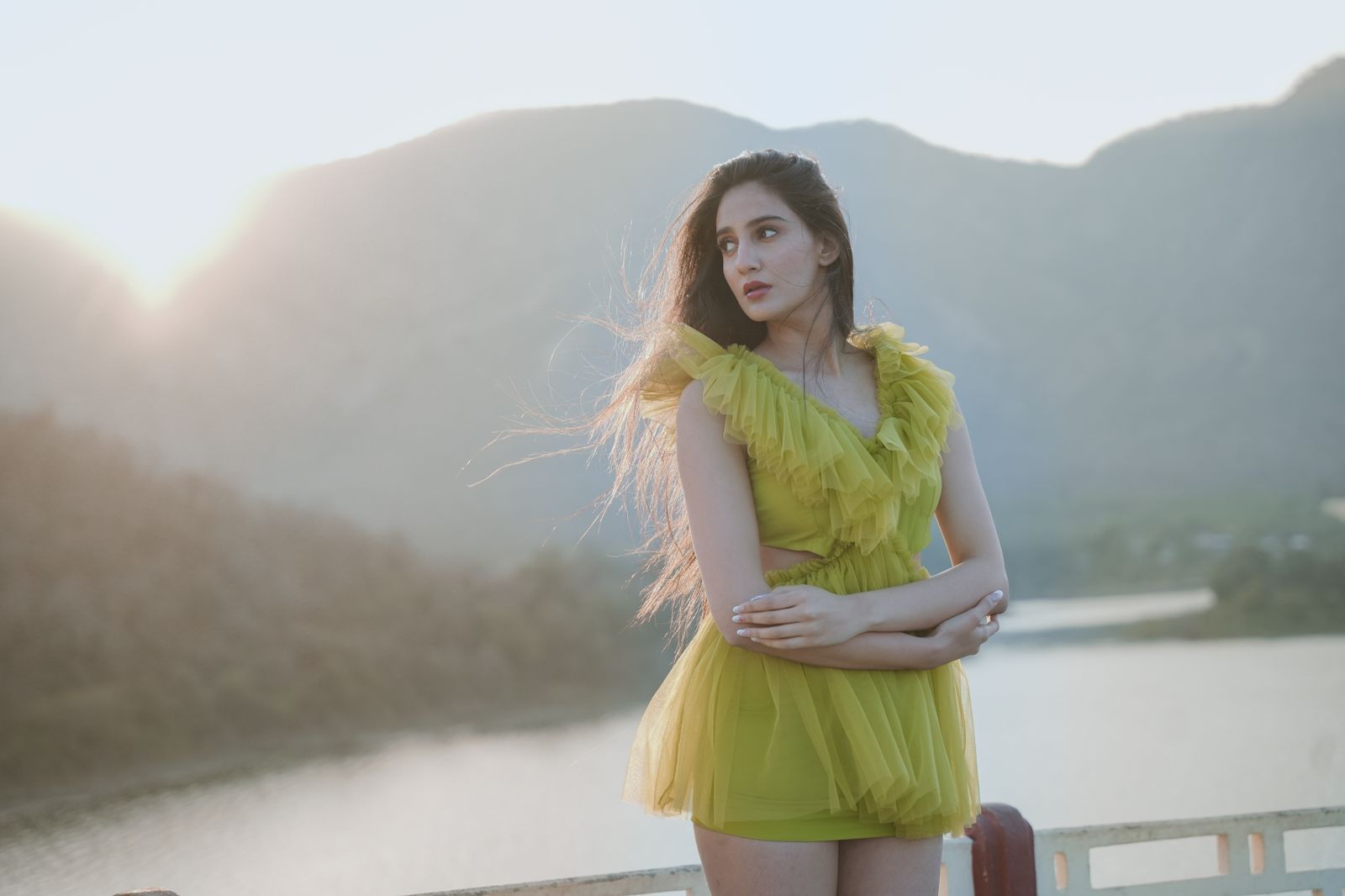 Lime Green V-neck Gathered Mini Dress