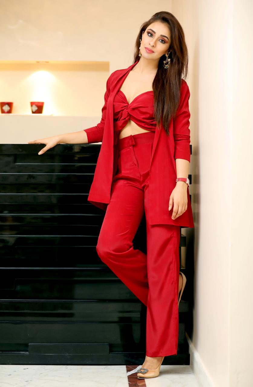 Crimson Red Shrug & Pants with Bustier
