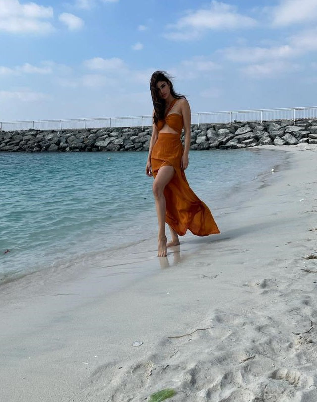 Mouni Roy - Mustard Halter Neck Maxi Dress