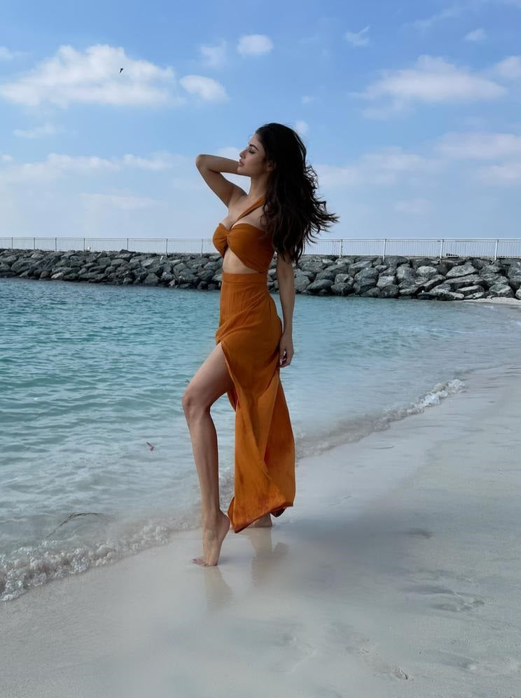 Mouni Roy - Mustard Halter Neck Maxi Dress