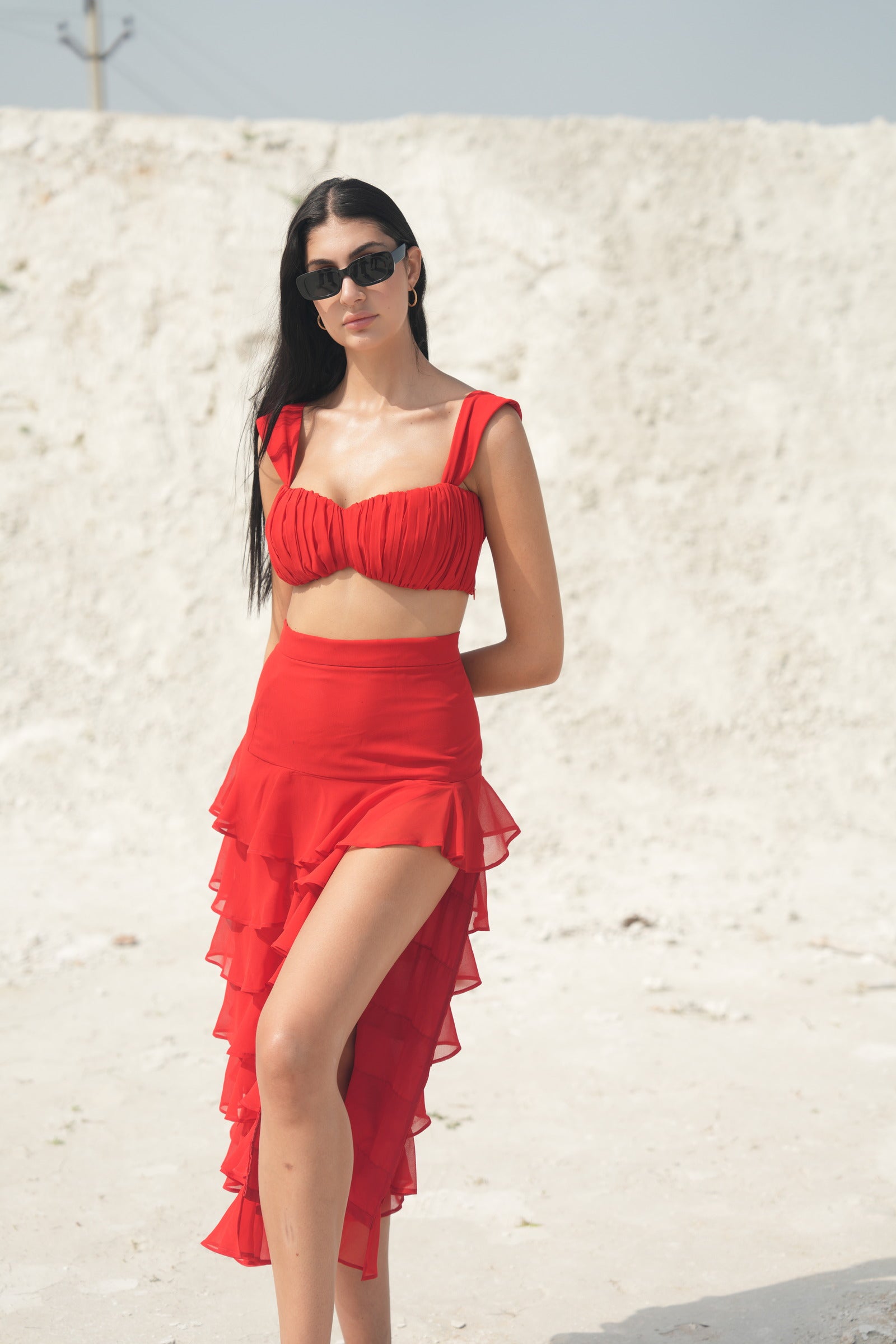 ROSSO CORSA BUSTIER AND RUFFLED SKIRT