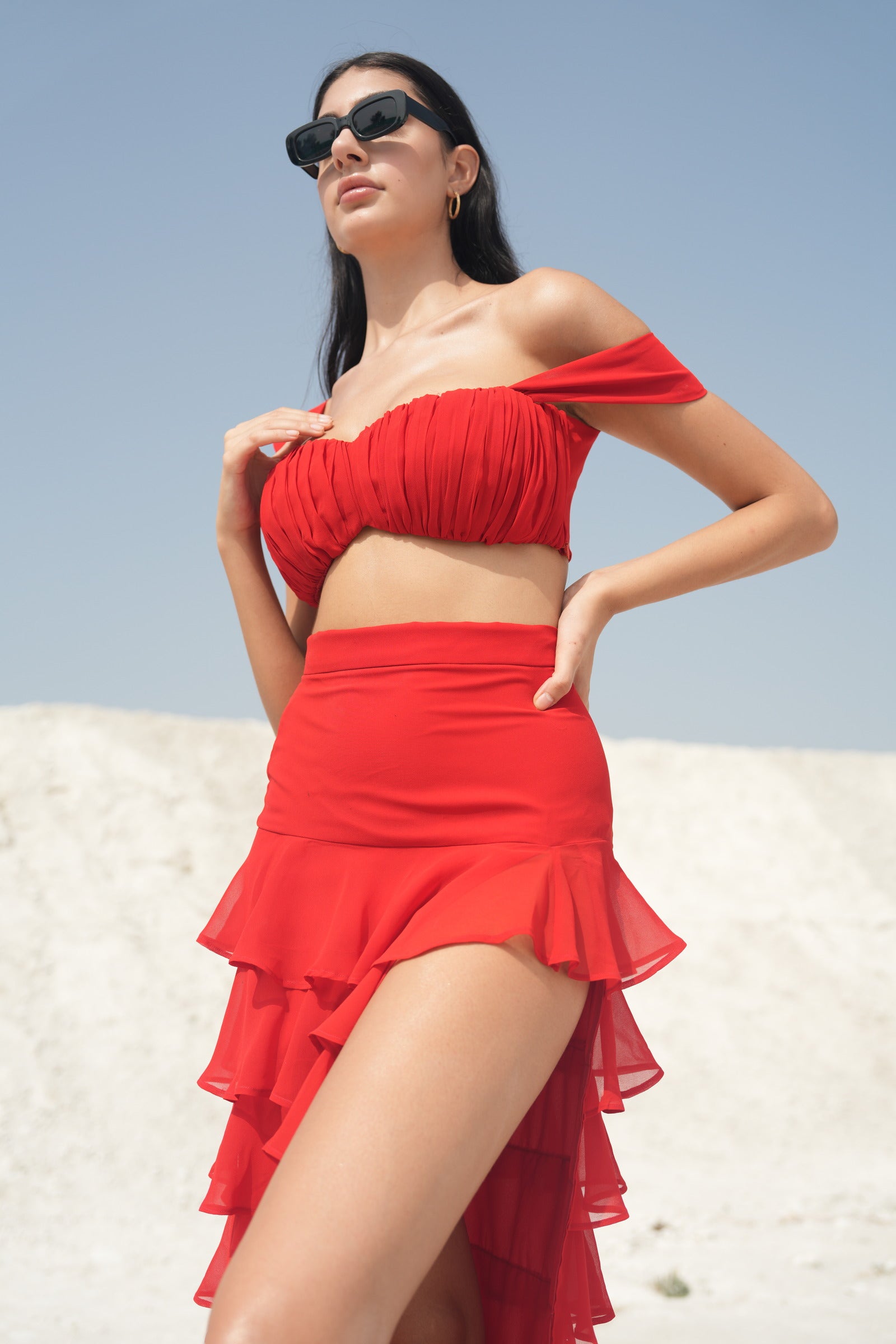 ROSSO CORSA BUSTIER AND RUFFLED SKIRT