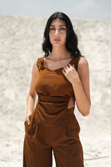 RUST BROWN V-NECK RUCHED TOP AND PANTS
