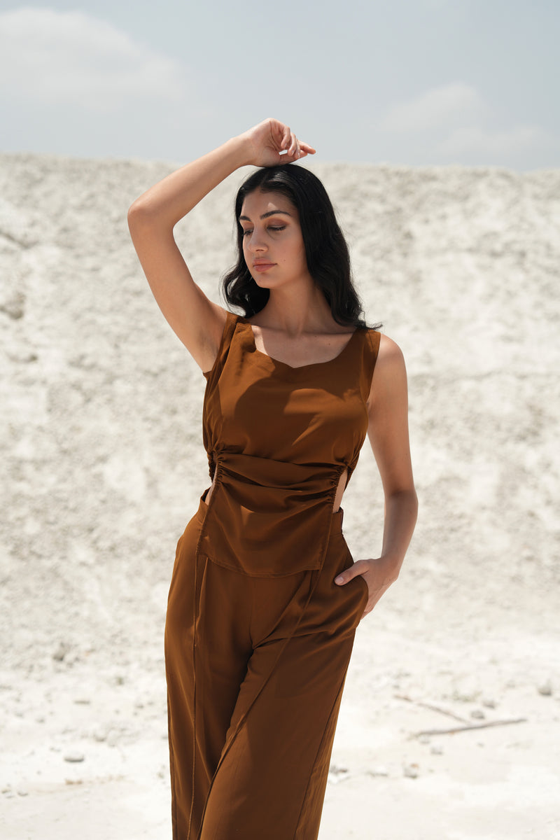 RUST BROWN V-NECK RUCHED TOP AND PANTS