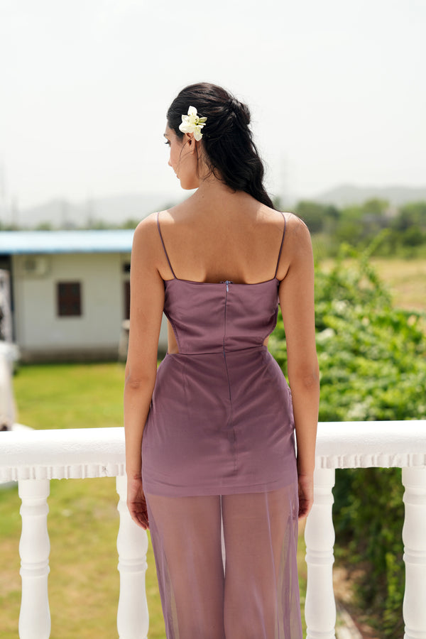 LAVENDER TULLE GATHERED CORSET FIT MAXI DRESS