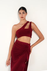 APPLE RED BANDAGE CROP TOP WITH COWL STRAIGHT SKIRT