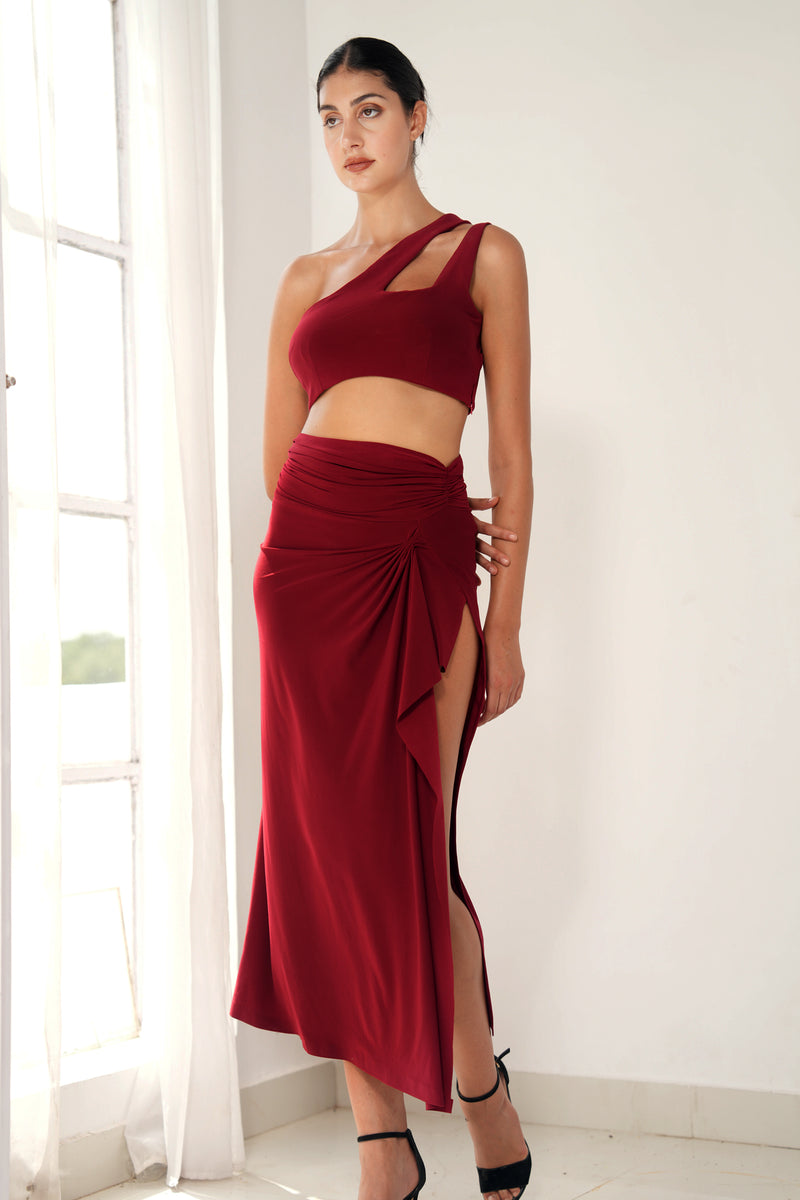APPLE RED BANDAGE CROP TOP WITH COWL STRAIGHT SKIRT