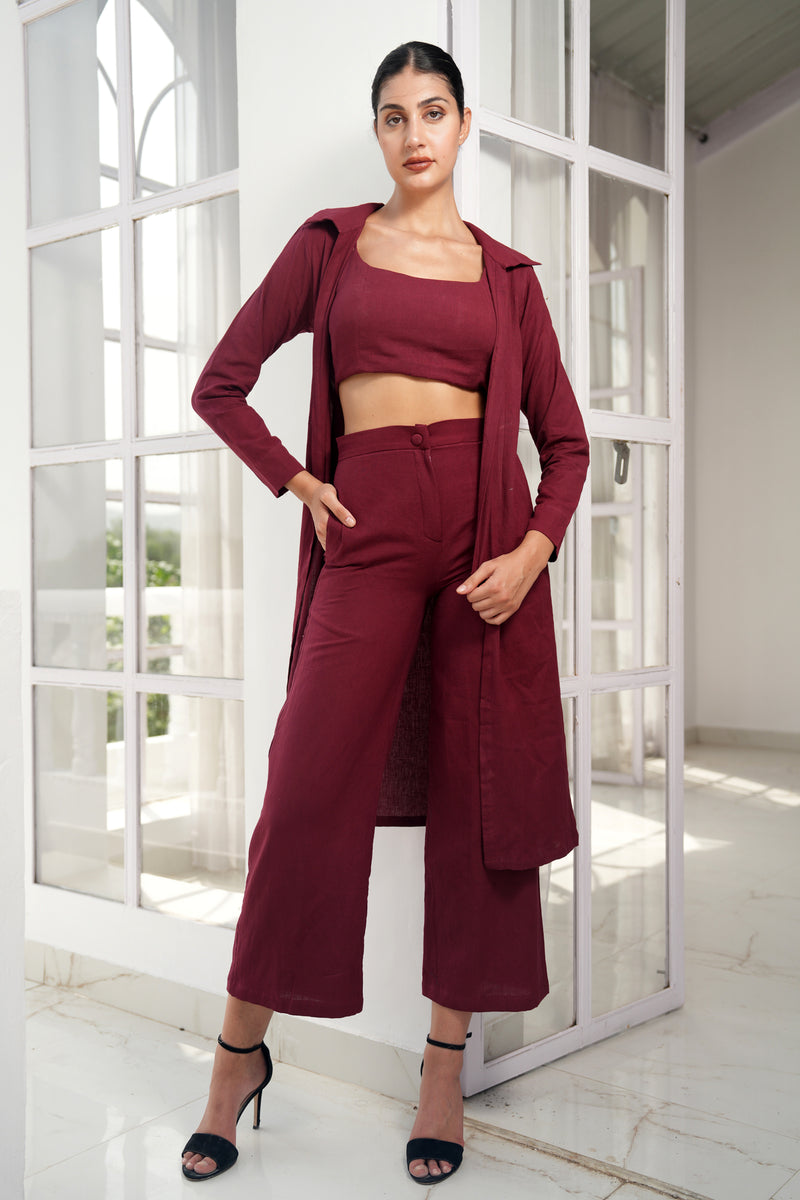 MAROON LONG JACKET WITH BUSTIER AND PANTS