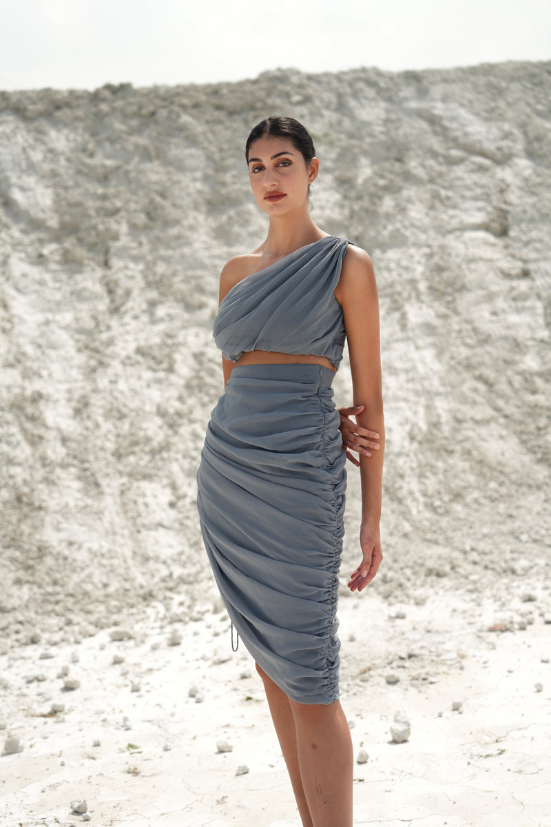 GREY CHATEAU GATHERED ASYMMETRIC CROP TOP AND SKIRT