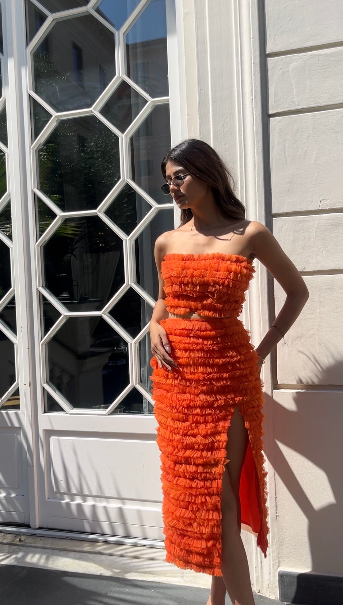 ORANGE TULLE LACE CROP TOP AND SKIRT