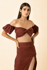 Mahogany Color Twisted Crop Top and Skirt