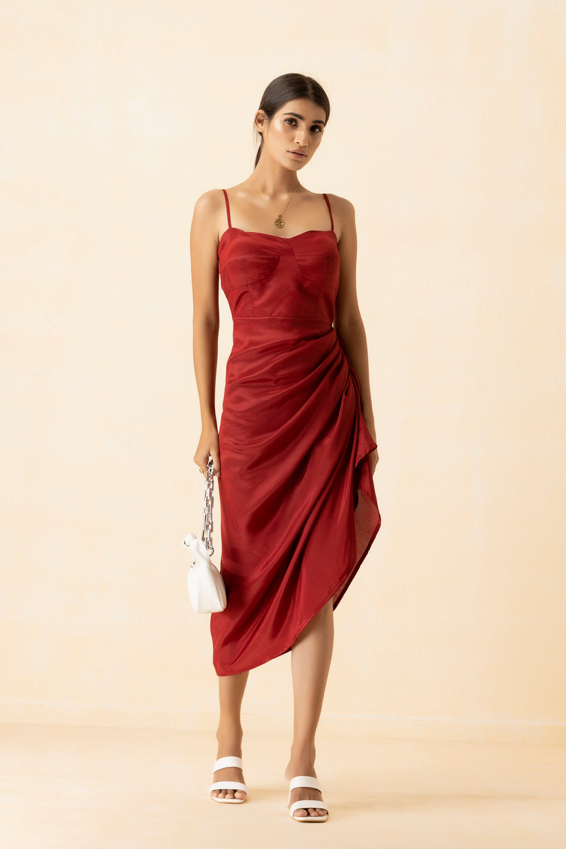 Scarlet Red Asymmetric Hem Midi Dress
