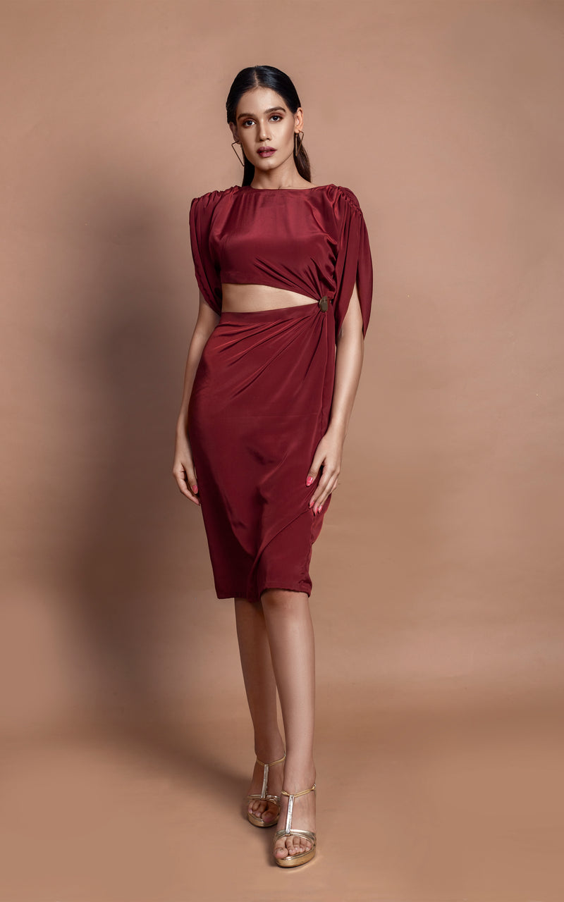 Crimson Red Ruched Sleeve Cut-Out Midi Dress