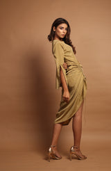 Mouni Roy - Olive One Sleeve Ruched Midi Dress