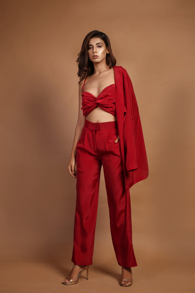 Crimson Red Shrug & Pants with Bustier