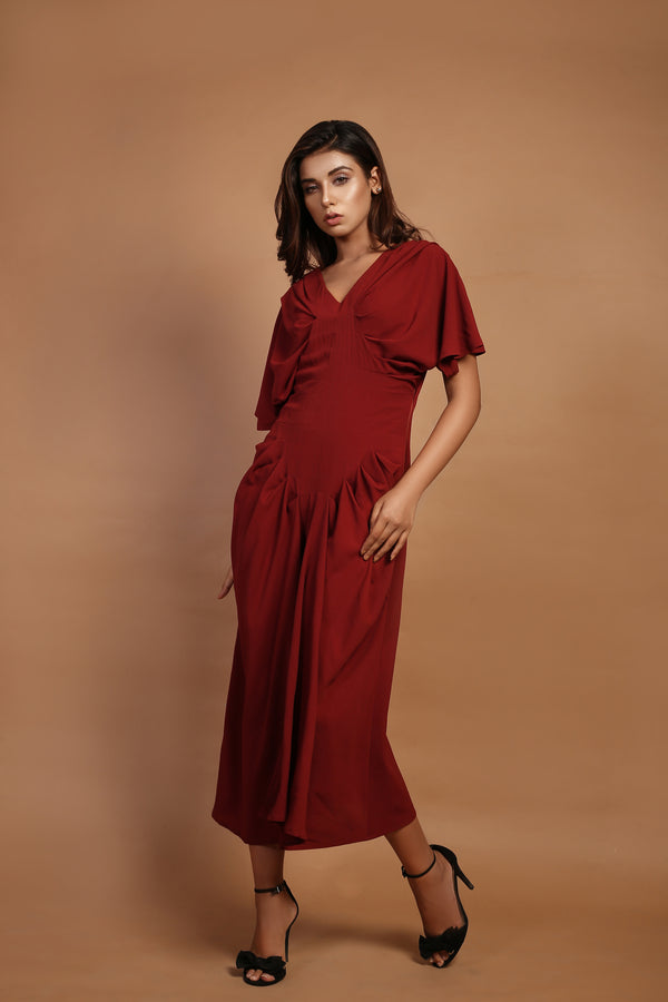 Brown Inverted Pleat Maxi Dress