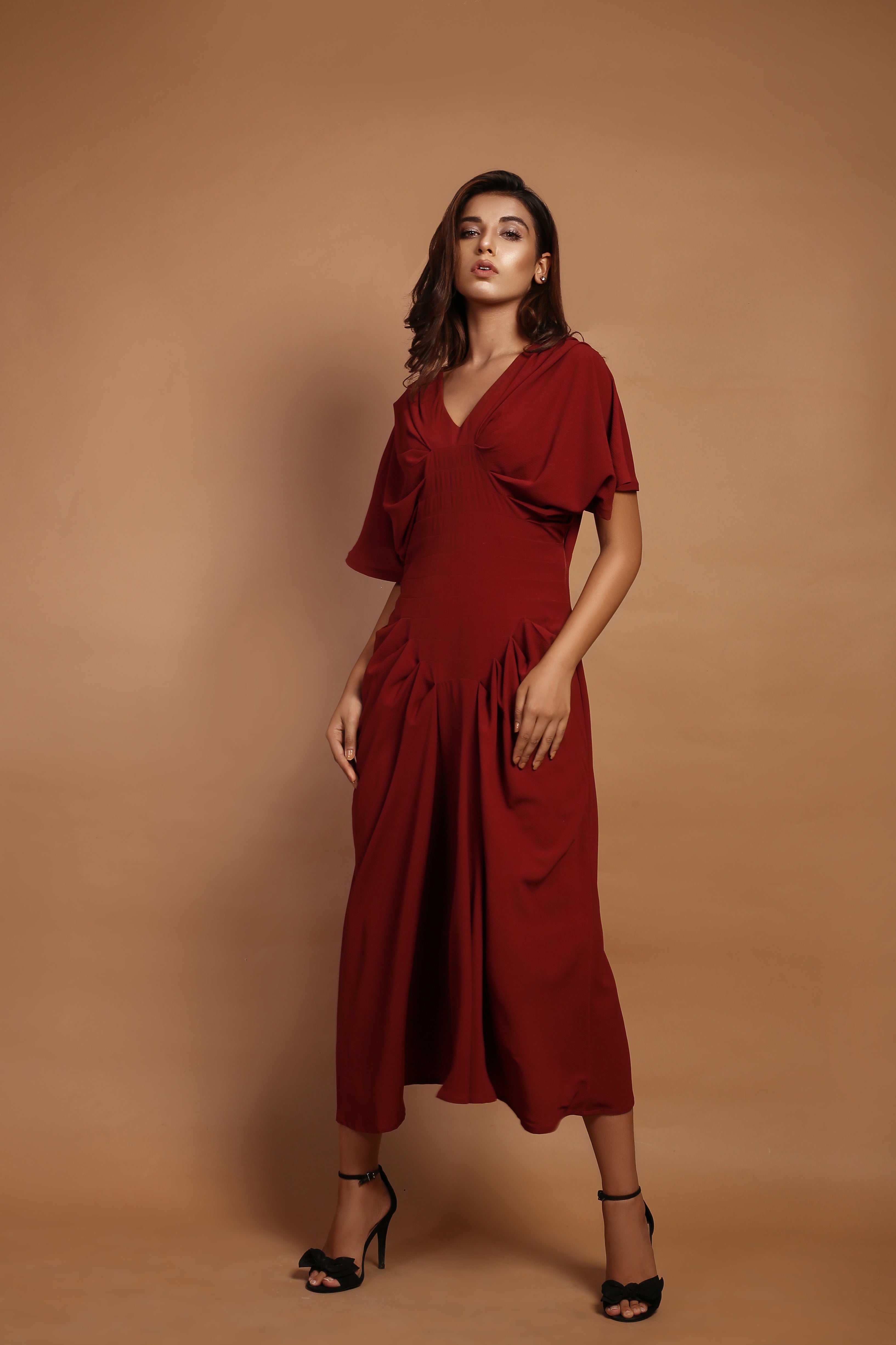 Brown Inverted Pleat Maxi Dress