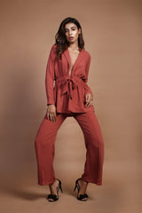 Marsala Color Belted Blazer with Pants