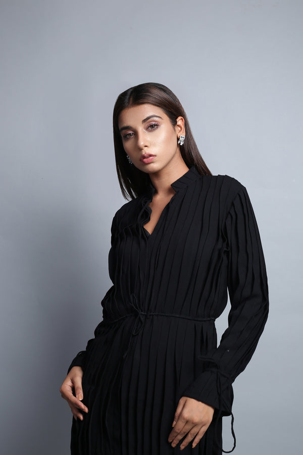 Black Fully Pleated Micro Dress