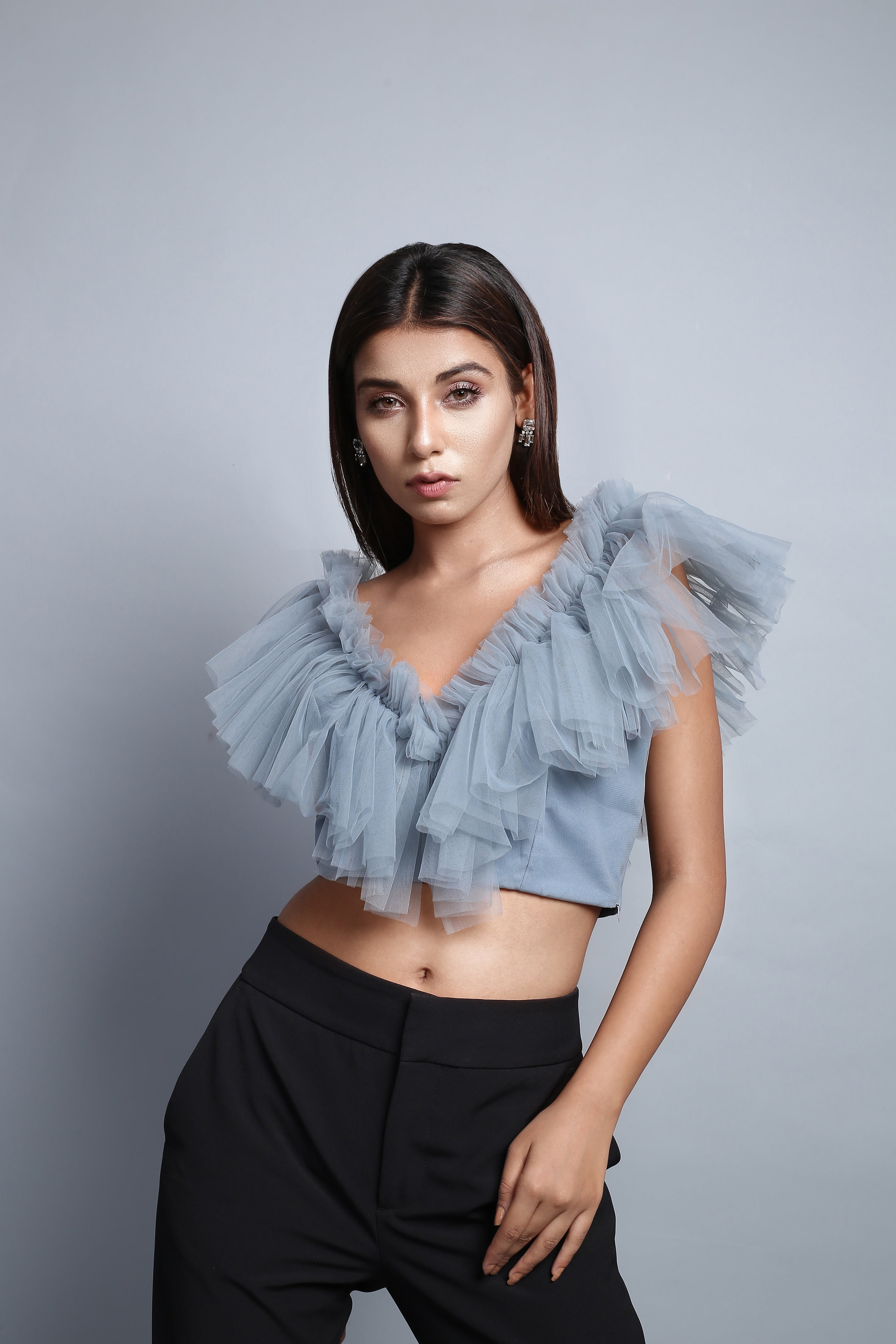 Tulle Grey Ruffle Top