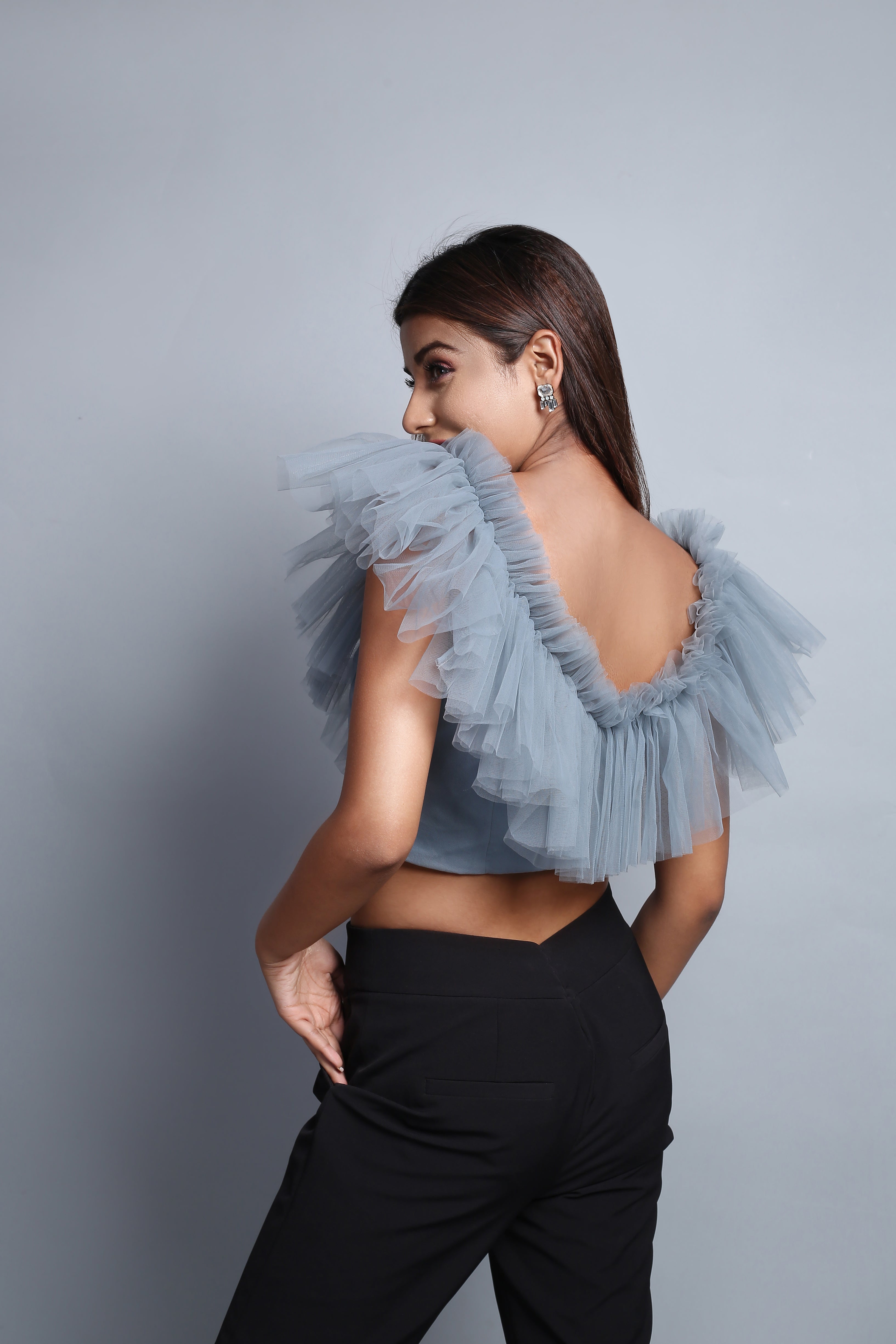 Tulle Grey Ruffle Top