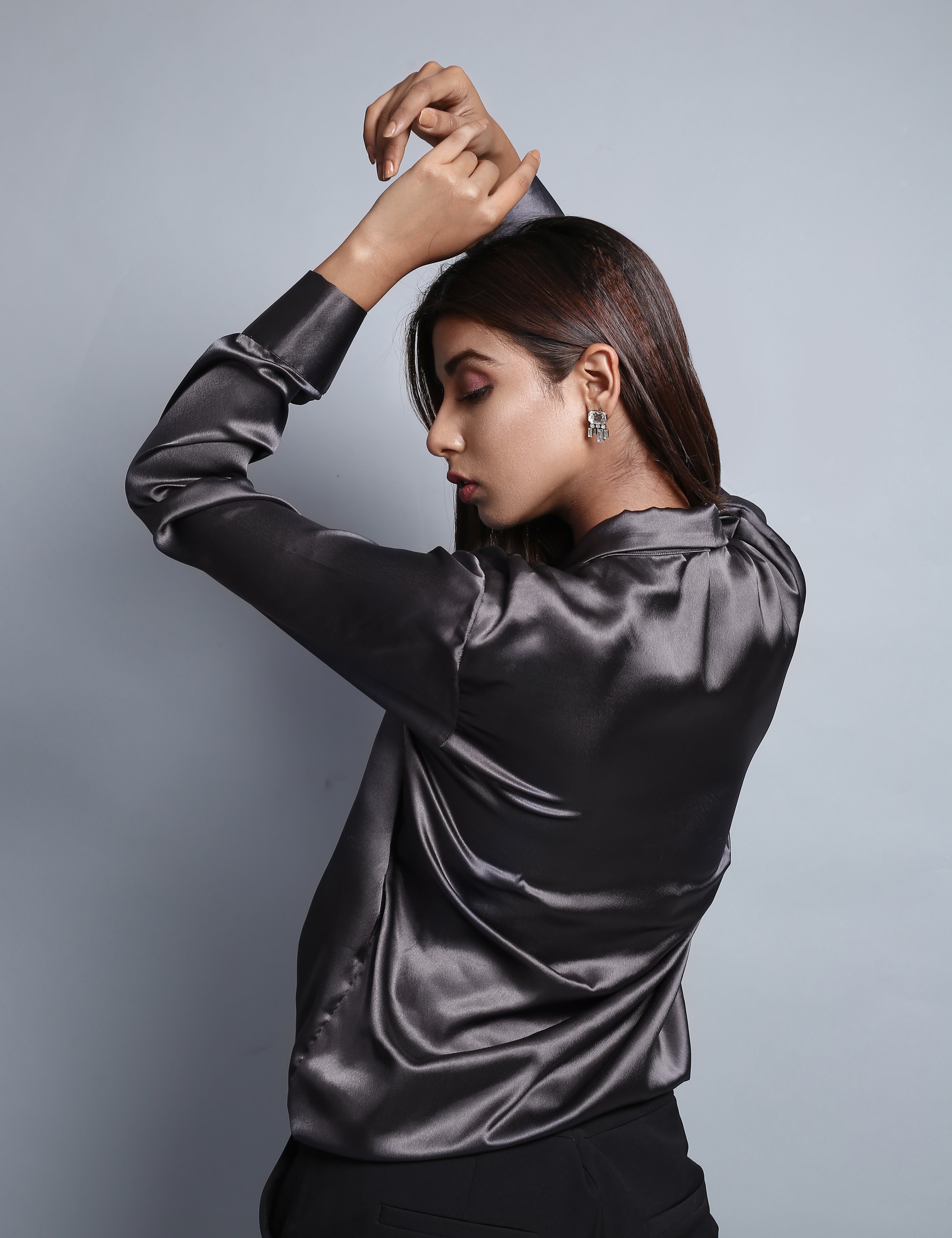 Grey Satin Wrap Hem Cowl Shirt