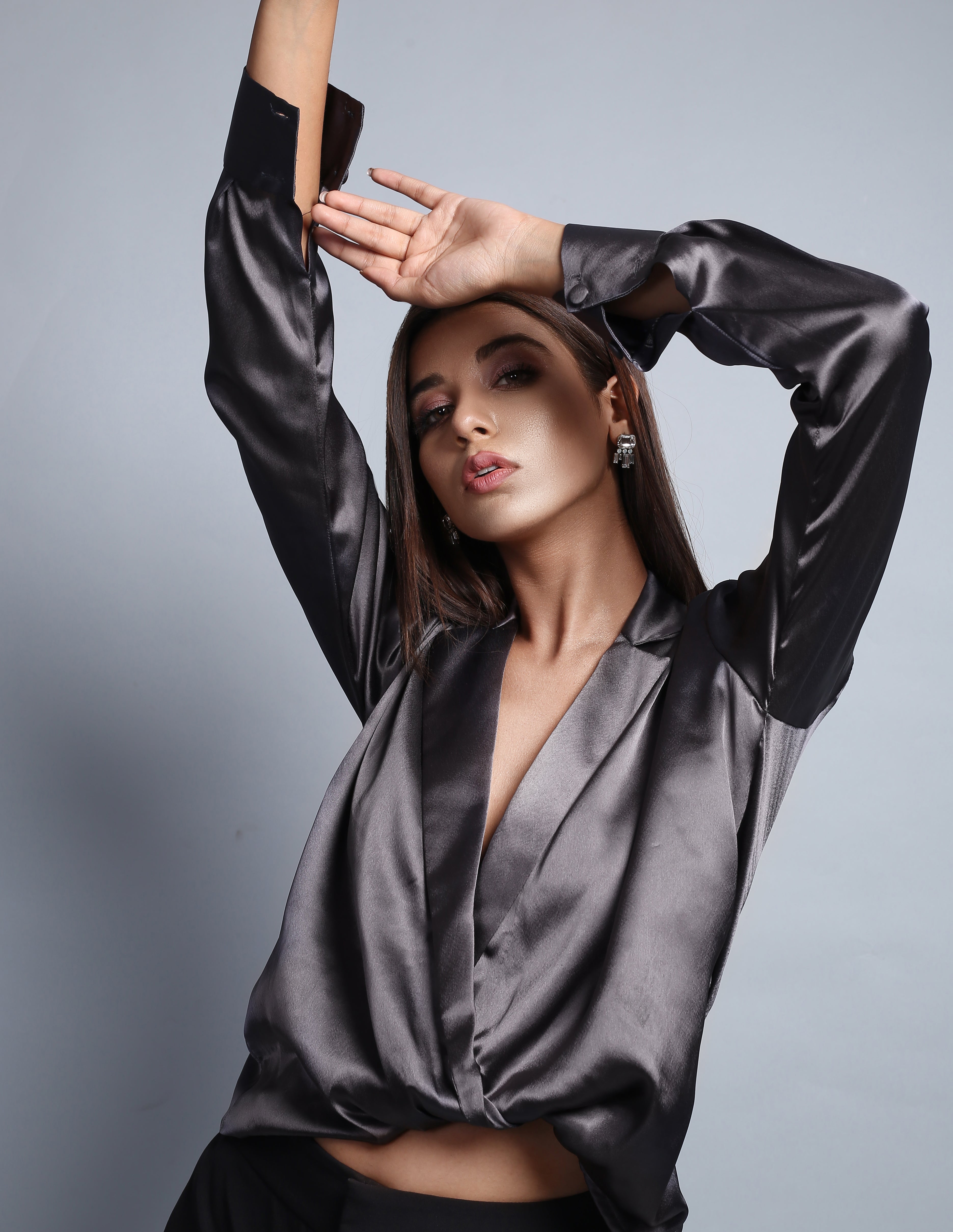 Grey Satin Wrap Hem Cowl Shirt