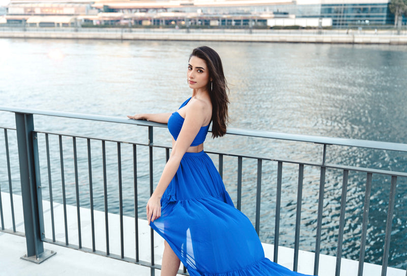Royal Blue Asymmetric Bustier and high low skirt