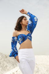 Blue Fluid Art Printed Off Shoulder Top and White Pants