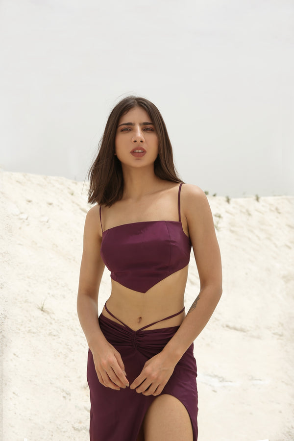 Mulberry Purple Ruched Crop Top and Skirt