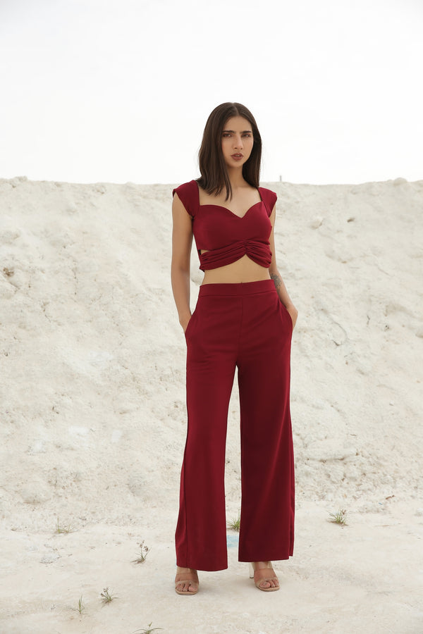 Crimson Red Gathered Crop top and Pants
