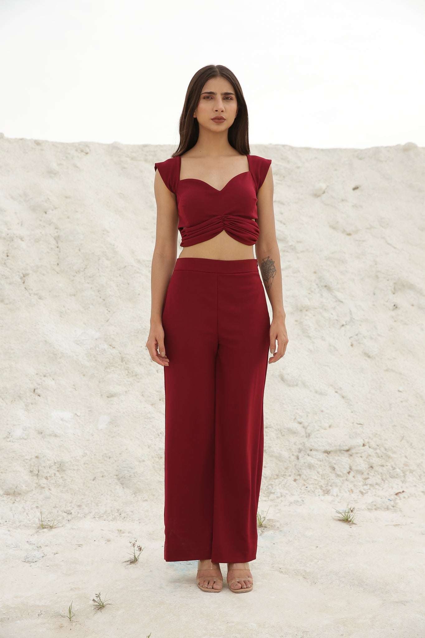 Crimson Red Gathered Crop top and Pants