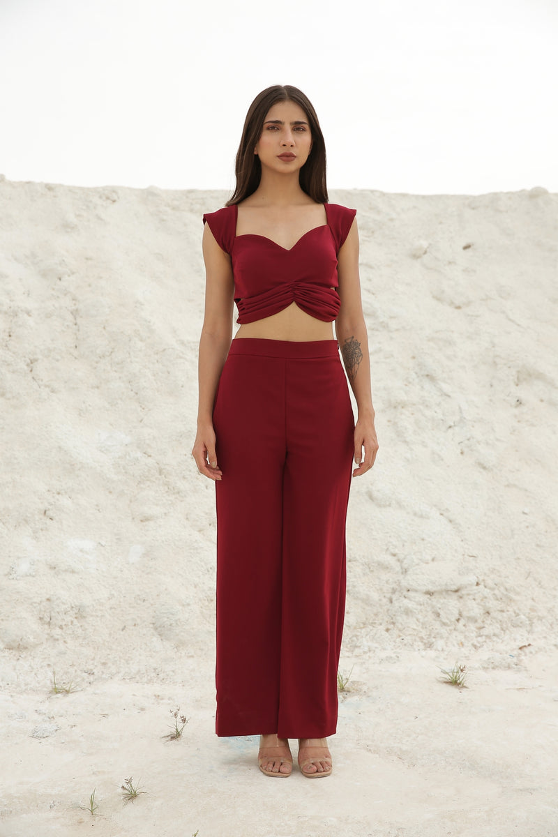 Crimson Red Gathered Crop top and Pants